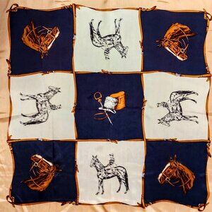 1950s Vintage Novelty Print Equestrian Horse Racing Theme Navy Square Scarf